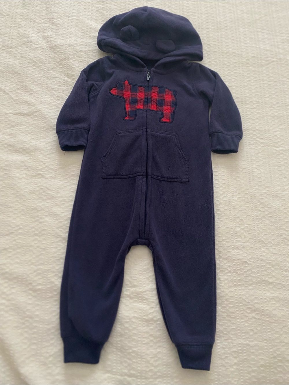 Carter's Navy Fleece One-Piece with Red Plaid Bear